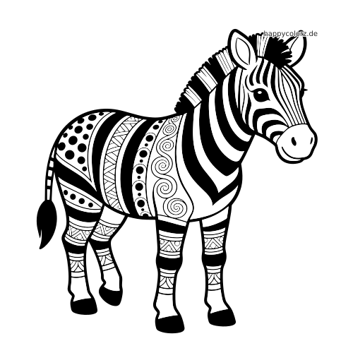 Schwarz-weißes Zebra in Seitenansicht mit kräftigen Streifen und dekorativen Zentangle-Mustern auf dem Körper.