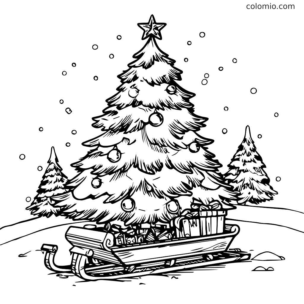 Ein Ausmalbild mit einem geschmückten Weihnachtsbaum, einem Schlitten voller Geschenke und fallenden Schneeflocken.