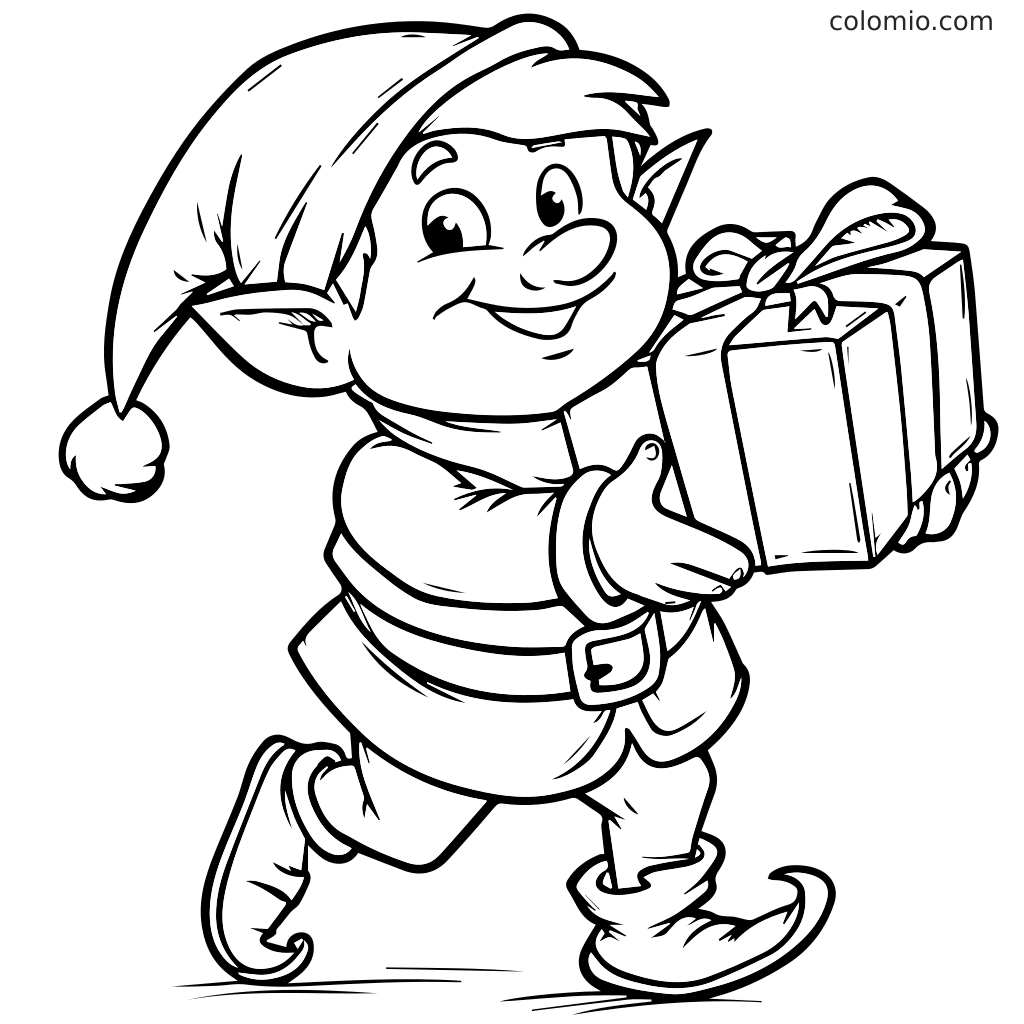 Ein glücklicher Elf mit Hut, der ein Geschenk trägt, bereit zum Ausmalen. Weihnachtsmotiv