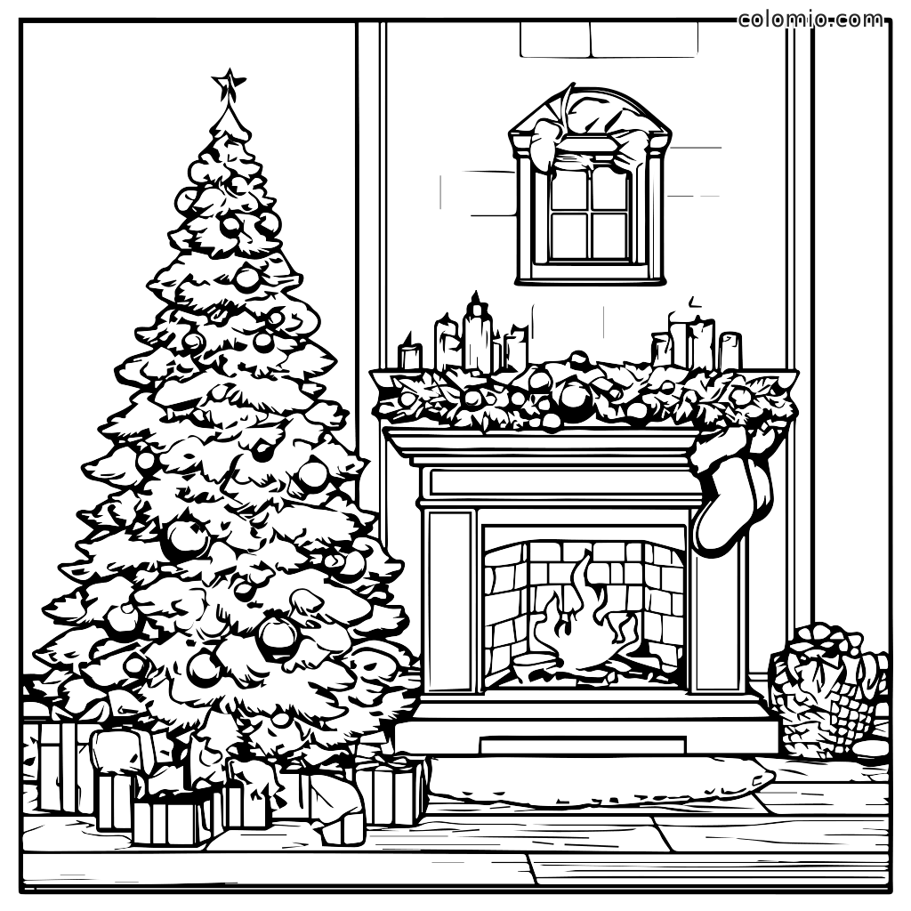 Eine Ausmalseite in Schwarz-Weiß mit einem geschmückten Weihnachtsbaum, einem Kamin mit Strümpfen und Geschenken.