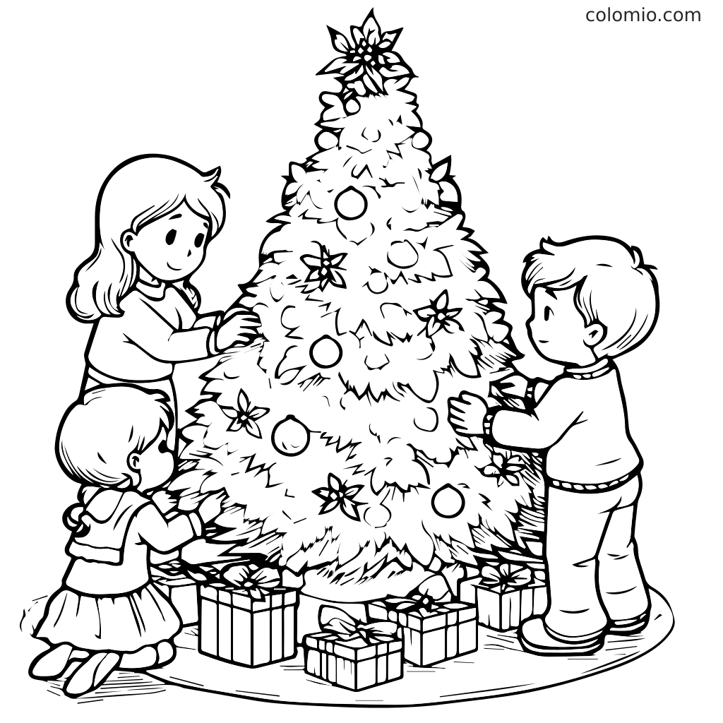 Kinder schmücken einen Weihnachtsbaum mit Geschenken Eine Malvorlage mit Kindern, die einen Weihnachtsbaum schmücken, umgeben von Geschenken.