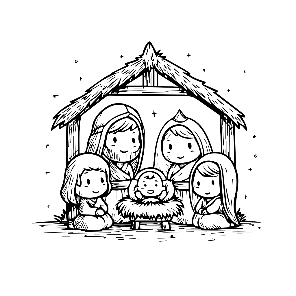 Eine niedliche Weihnachtsgeschichte mit Maria, Josef, dem Baby Jesus und zwei Engeln in einem Stall.