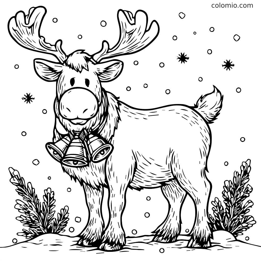 Ein verspielter Elch mit Glocken in einer verschneiten Landschaft mit Bäumen und Schneeflocken.