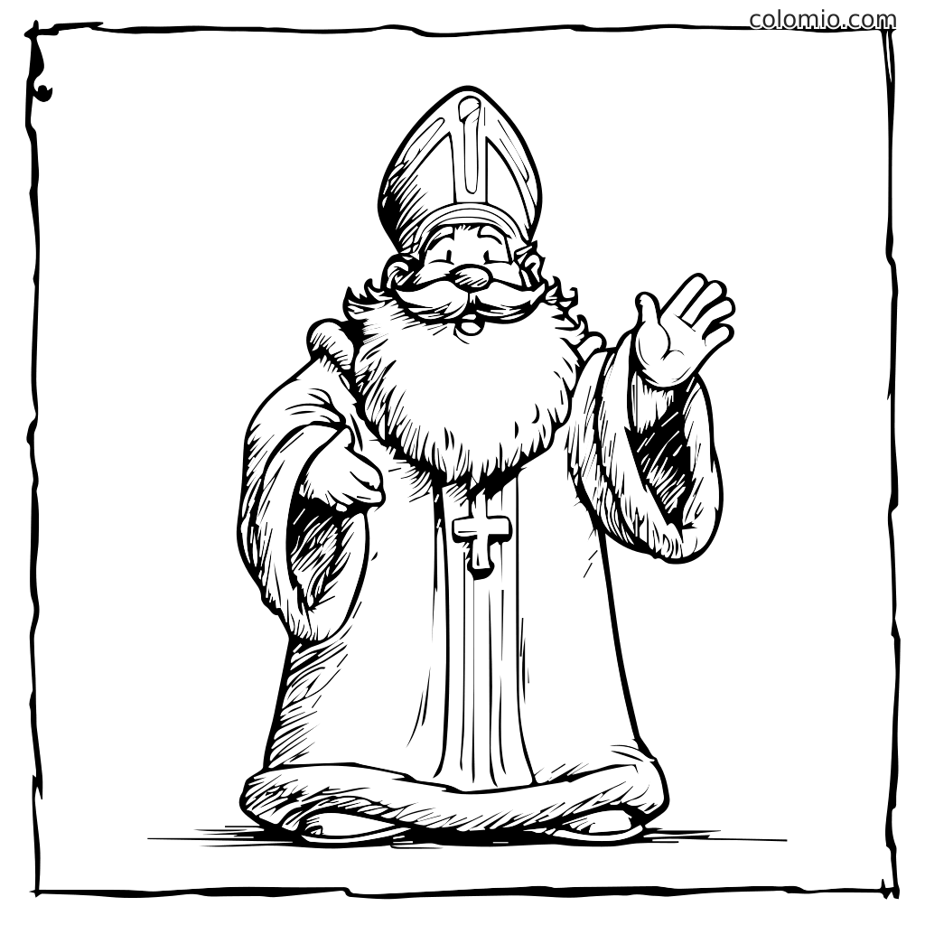 Ein fröhlicher Nikolaus mit langem Bart und einem Kreuz auf seinem Gewand, der winkt. Perfekt zum Ausmalen.