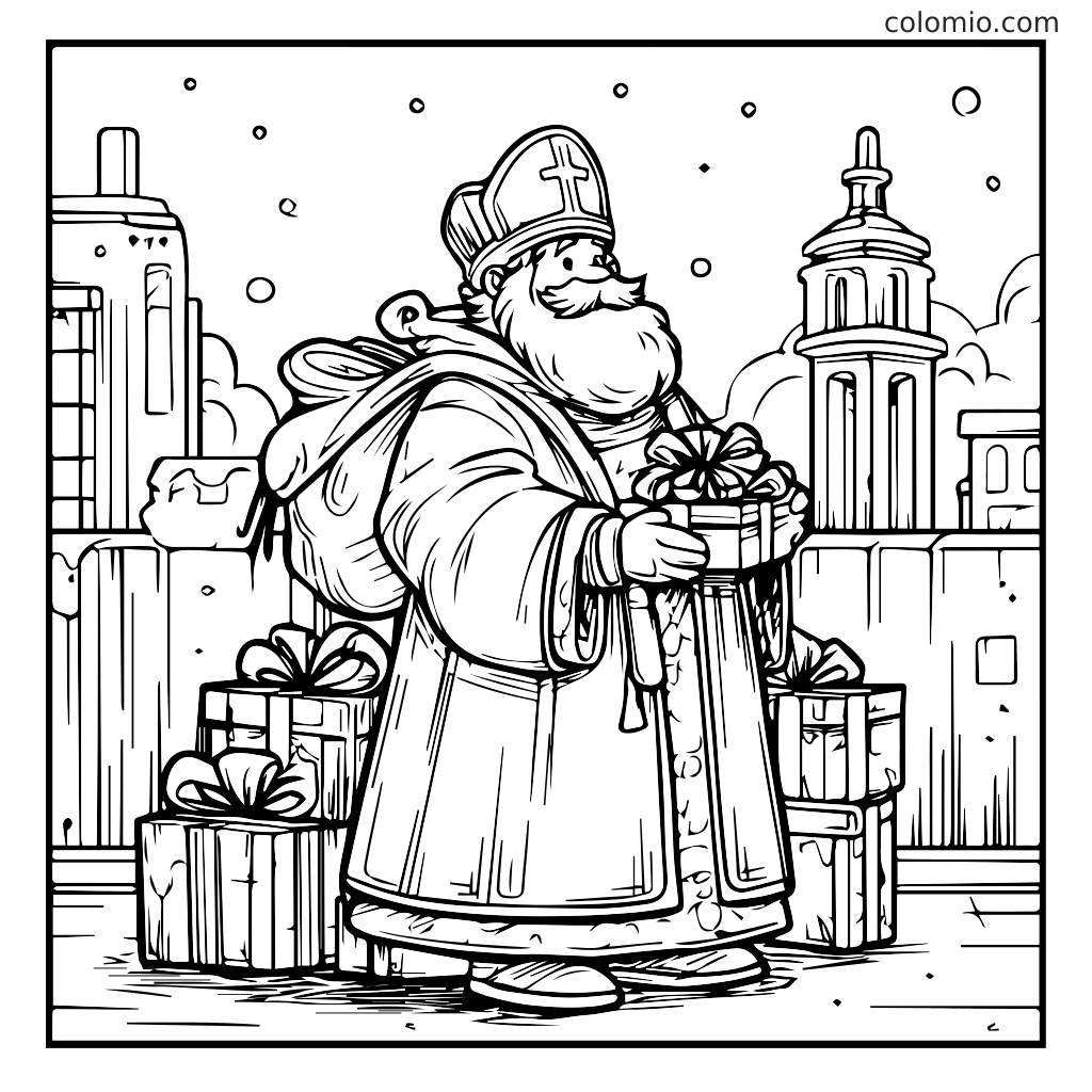 Eine fröhliche Figur in einem Gewand, die Geschenke in einer verschneiten Stadt hält, perfekt zum Ausmalen.