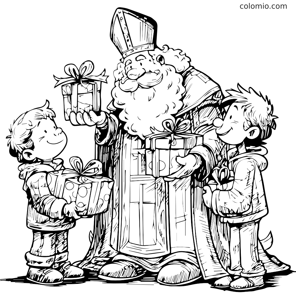 Ein fröhlicher Nikolaus mit Bart überreicht zwei glücklichen Kindern Geschenke in diesem Ausmalbild.