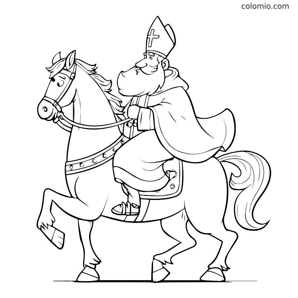 St. Nikolaus in Robe und Mitra, reitend auf einem Pferd, umrandet zum Ausmalen.