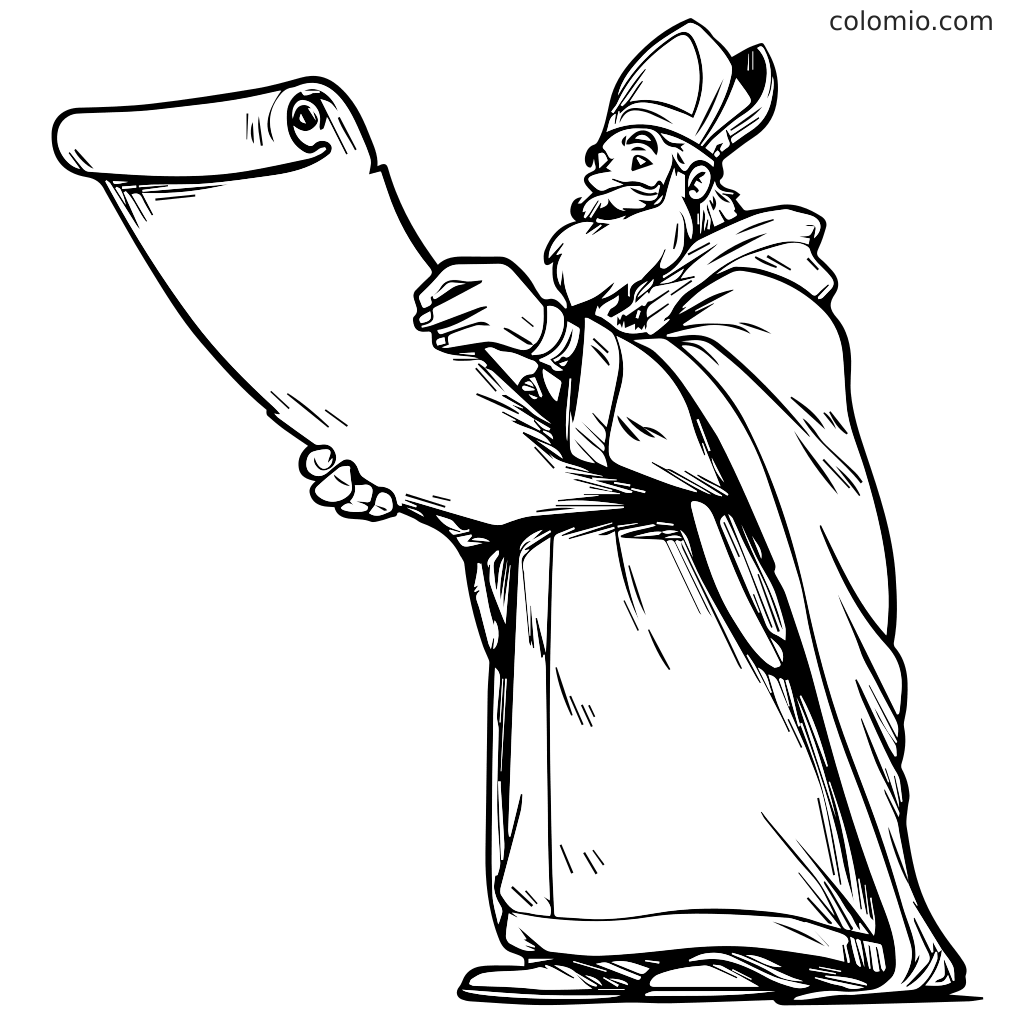 St. Nikolaus mit Bart und Robe, der eine große Schriftrolle hält, bereit zum Ausmalen.