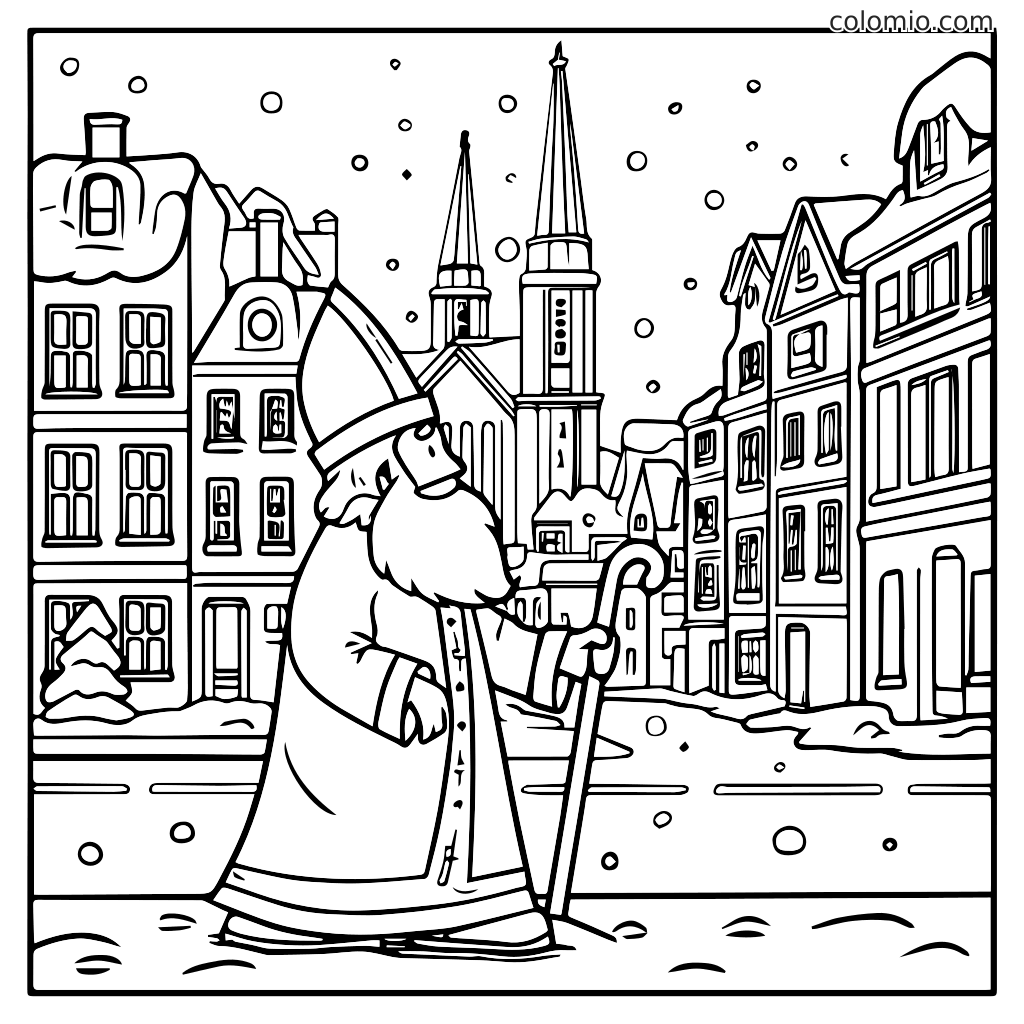 Eine Malvorlage mit einem bärtigen Nikolaus in einem Wintermantel, der durch eine verschneite Stadt mit Gebäuden und Kirchen im Hintergrund geht.
