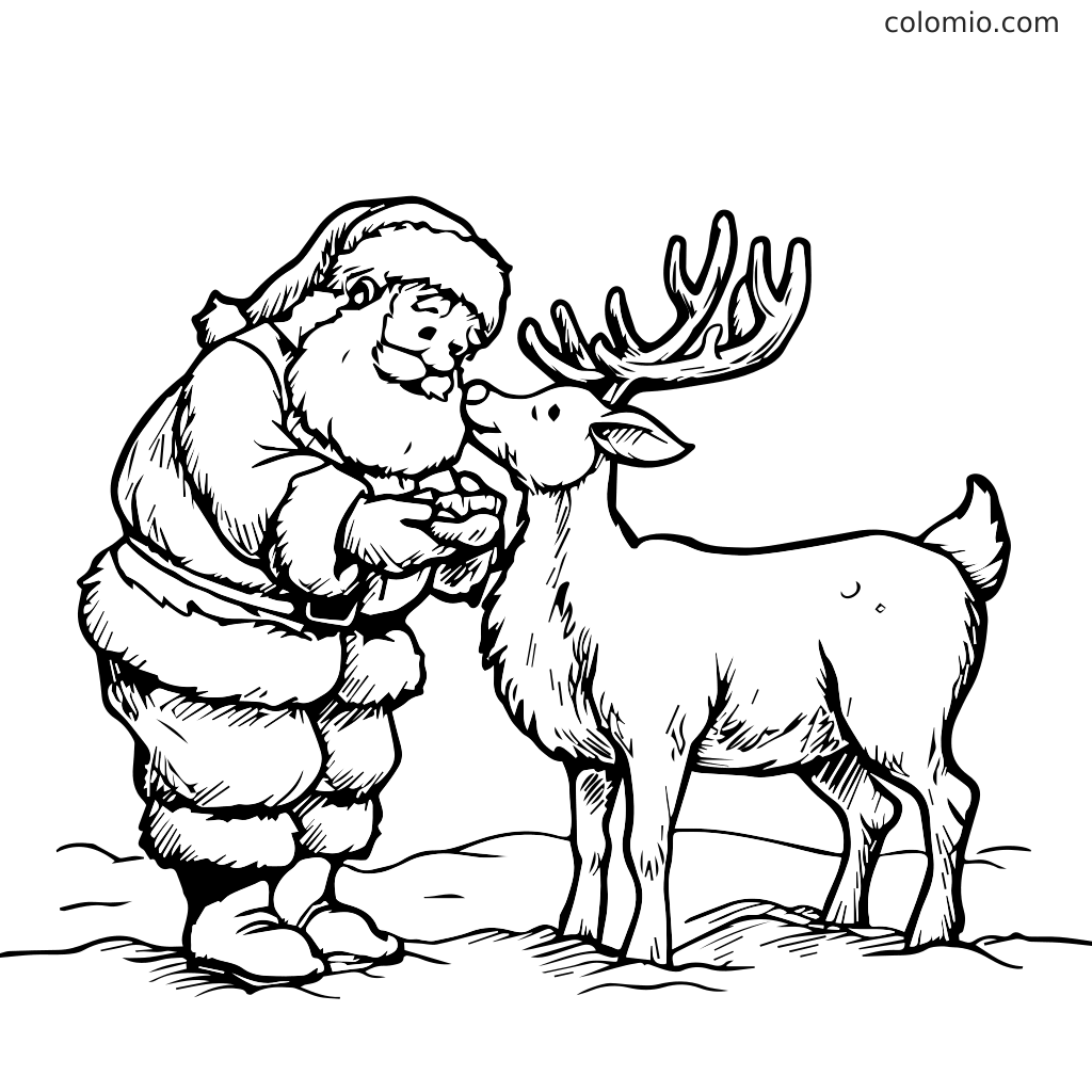 Eine Malvorlage mit Weihnachtsmann und einem Rentier in einer verschneiten Umgebung, perfekt für Kinder.