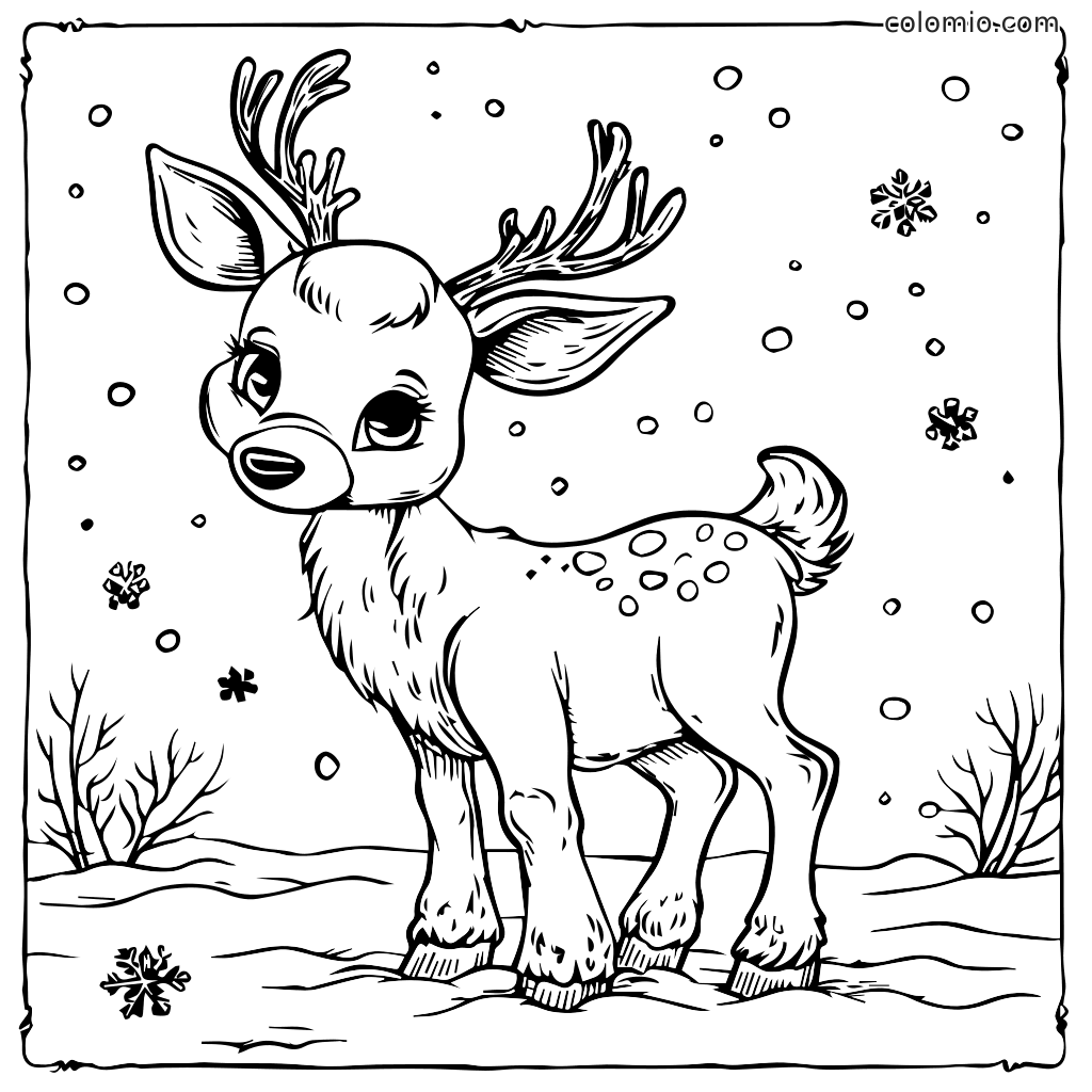 Ein niedlicher Babyhirsch steht im Schnee, während Schneeflocken um ihn herum fallen, perfekt zum Ausmalen.