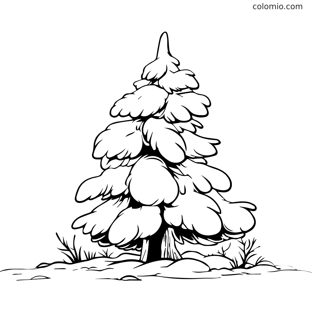 Eine Schwarz-Weiß-Kontur eines verschneiten Kiefernbaums mit flauschigen Ästen und einfachem Boden. Weihnachtsmotiv