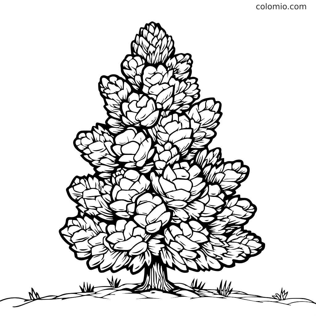 Eine Schwarz-Weiß-Skizze eines Kiefernbaums mit detaillierten Kiefernnadeln, perfekt zum Ausmalen.