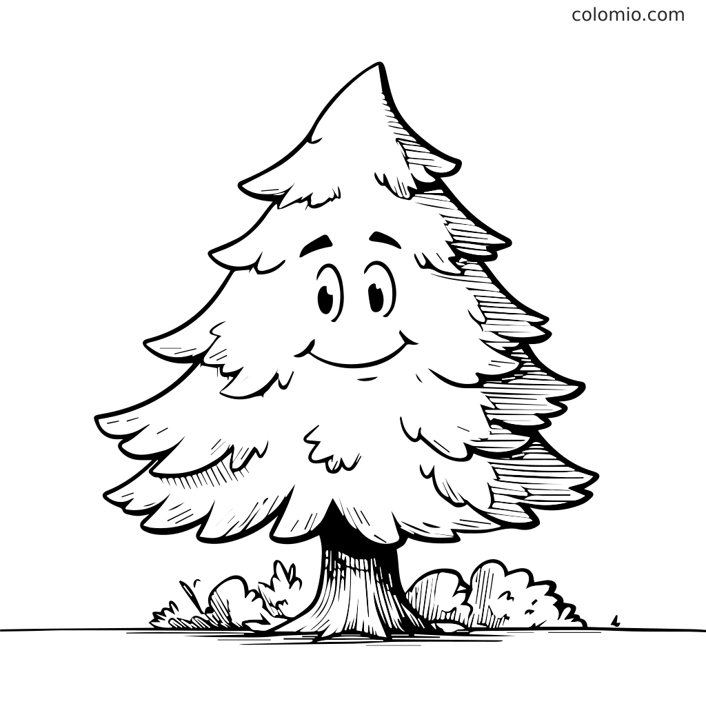 Ein fröhlicher Cartoon-Tannenbaum mit einem lächelnden Gesicht, umgeben von Büschen, bereit zum Ausmalen.