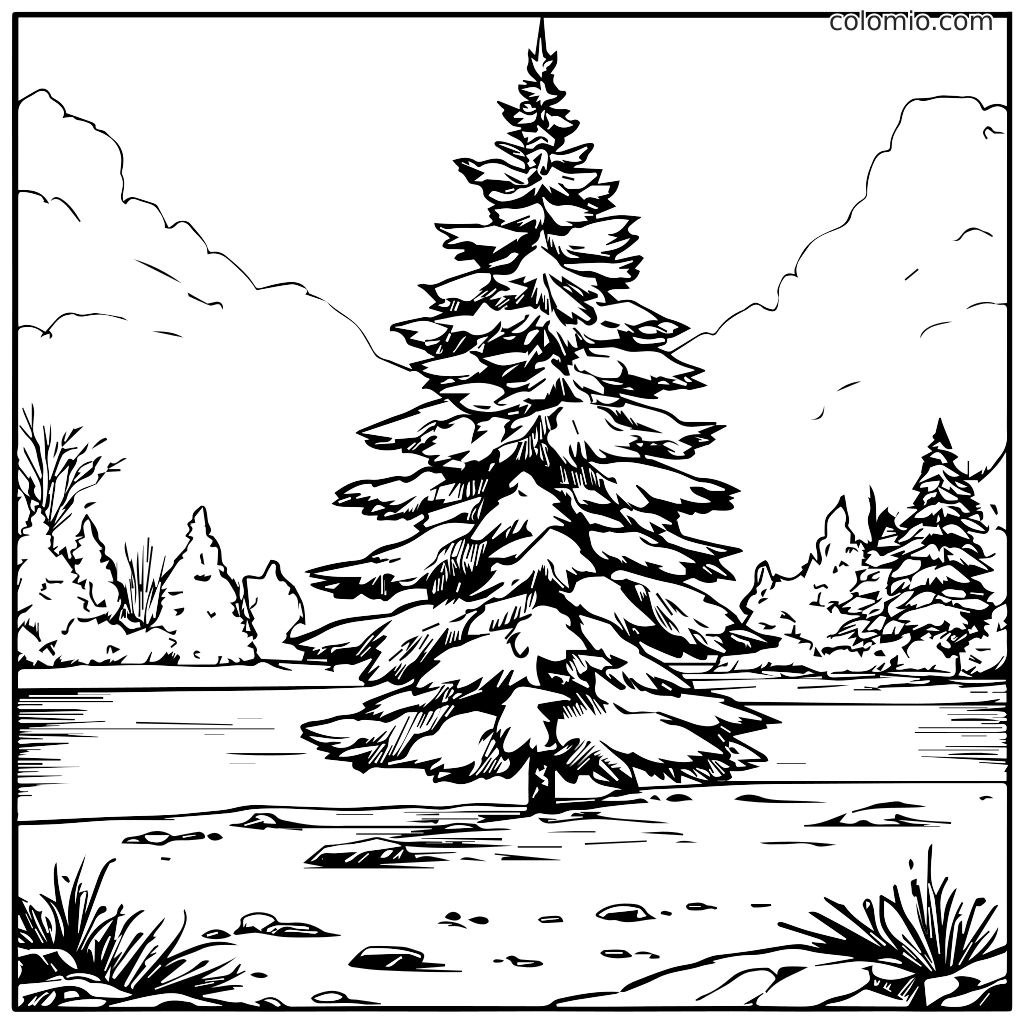 Eine detaillierte Schwarz-Weiß-Malvorlage mit einem schneebedeckten Kieferbaum in einer Winterlandschaft mit Bergen und einem See.