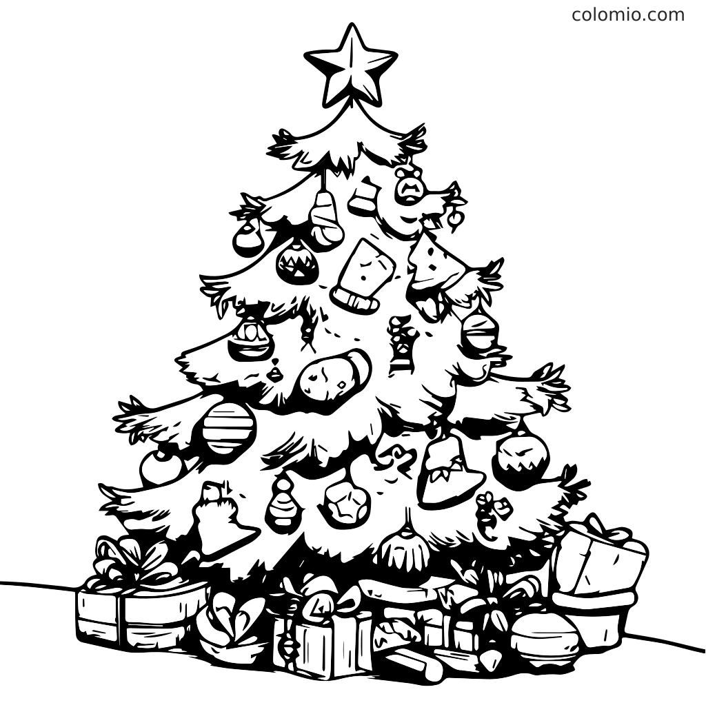 Eine schwarz-weiße Umrisszeichnung eines geschmückten Weihnachtsbaums mit Geschenken darunter, perfekt zum Ausmalen.