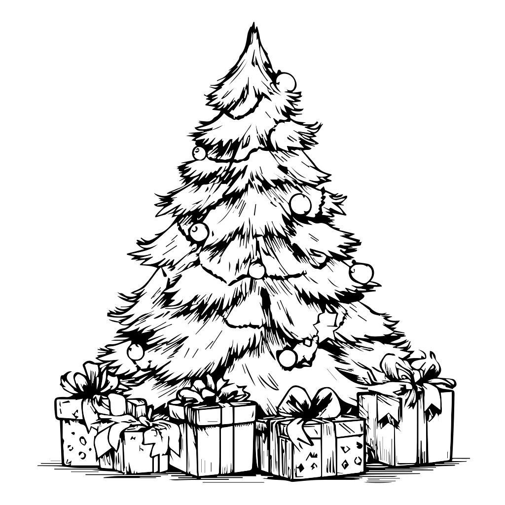 Eine schwarz-weiße Umrisszeichnung eines Weihnachtsbaums, umgeben von eingepackten Geschenken, perfekt zum Ausmalen.