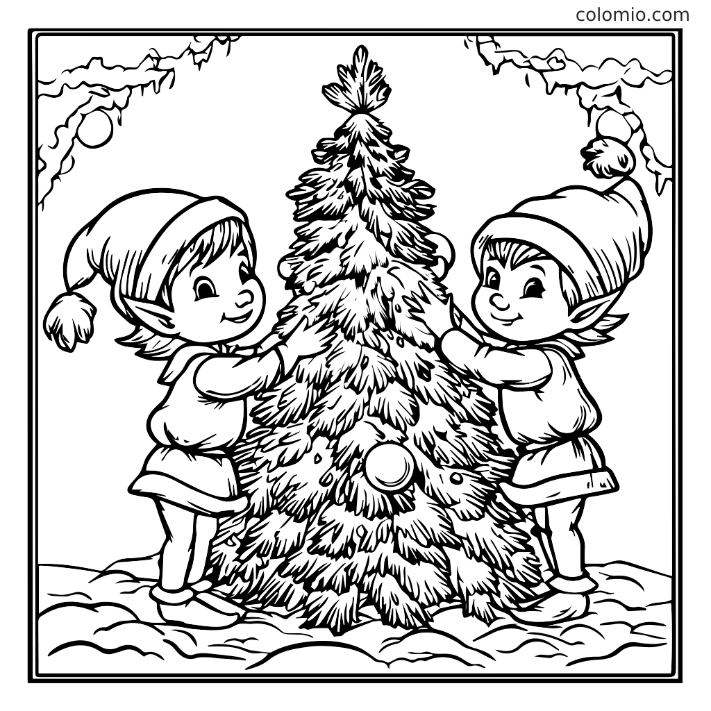 Eine Malvorlage mit zwei glücklichen Elfen, die einen Weihnachtsbaum mit Ornamenten und Schnee dekorieren.