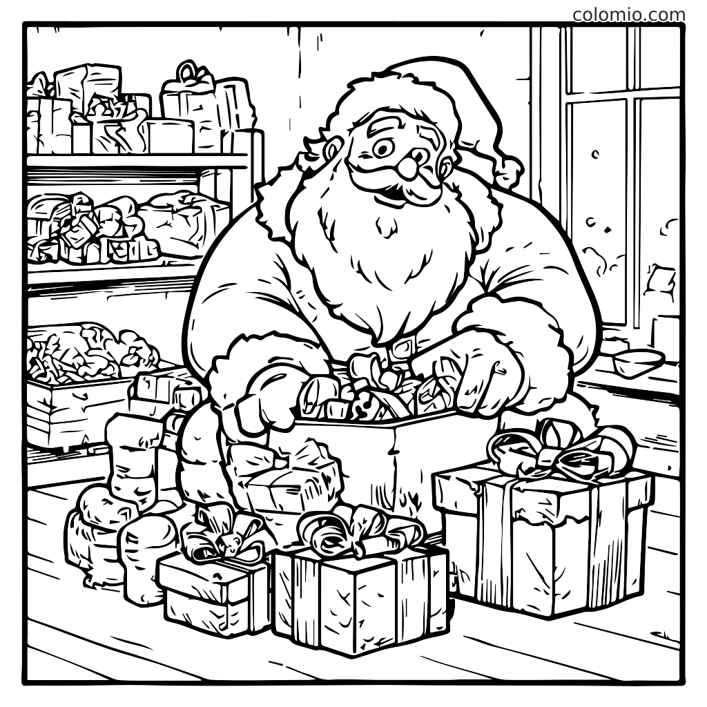 Ein fröhlicher Weihnachtsmann  sortiert Geschenke aus einer Kiste, umgeben von verpackten Geschenken, bereit für Weihnachten.