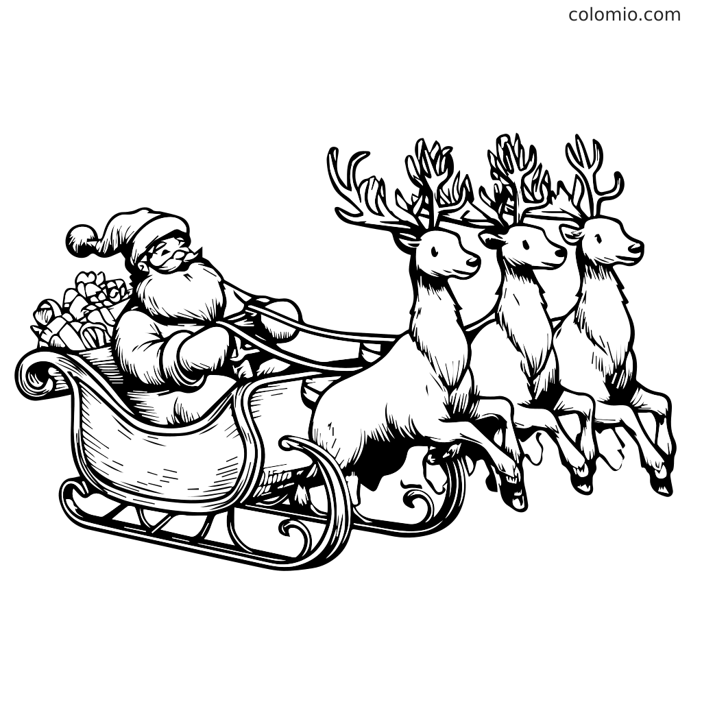 Eine Malvorlage mit dem Weihnachtsmann in einem Schlitten, der von drei Rentieren gezogen wird, mit Geschenken im Schlitten.