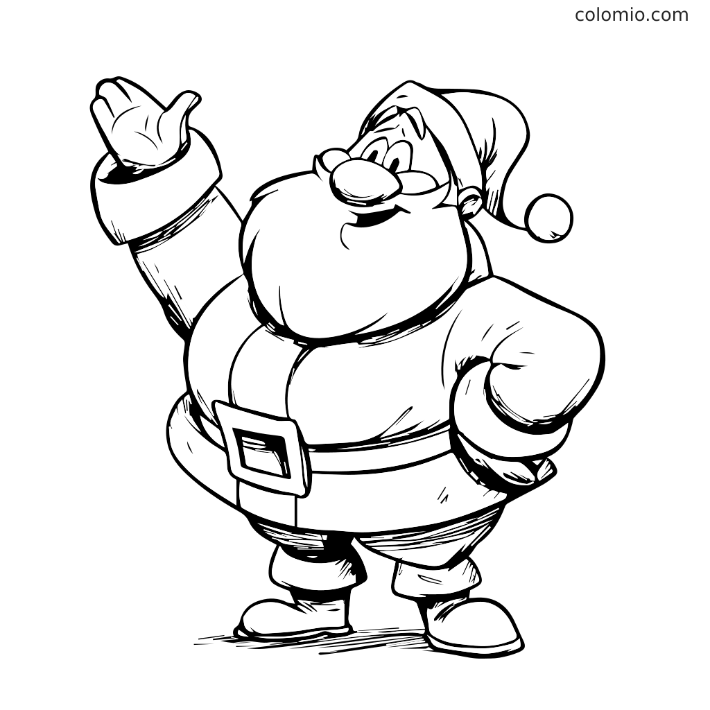Ein fröhlicher Weihnachtsmann mit großem Bart und winkender Hand, umrandet zum Ausmalen.