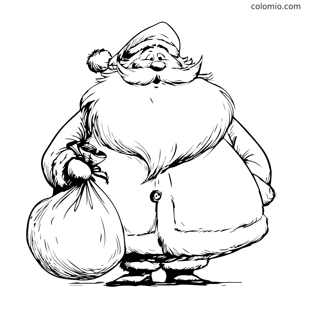 Fröhlicher Weihnachtsmann mit Geschenkesack Ausmalbild Ein fröhlicher Weihnachtsmann mit einer großen Geschenkesack, ideal zum Ausmalen.