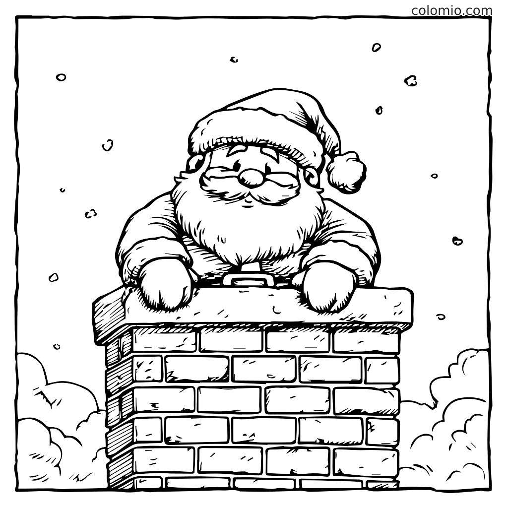 Ein fröhlicher Weihnachtsmann sitzt auf einem Schornstein, umgeben von Schneeflocken.