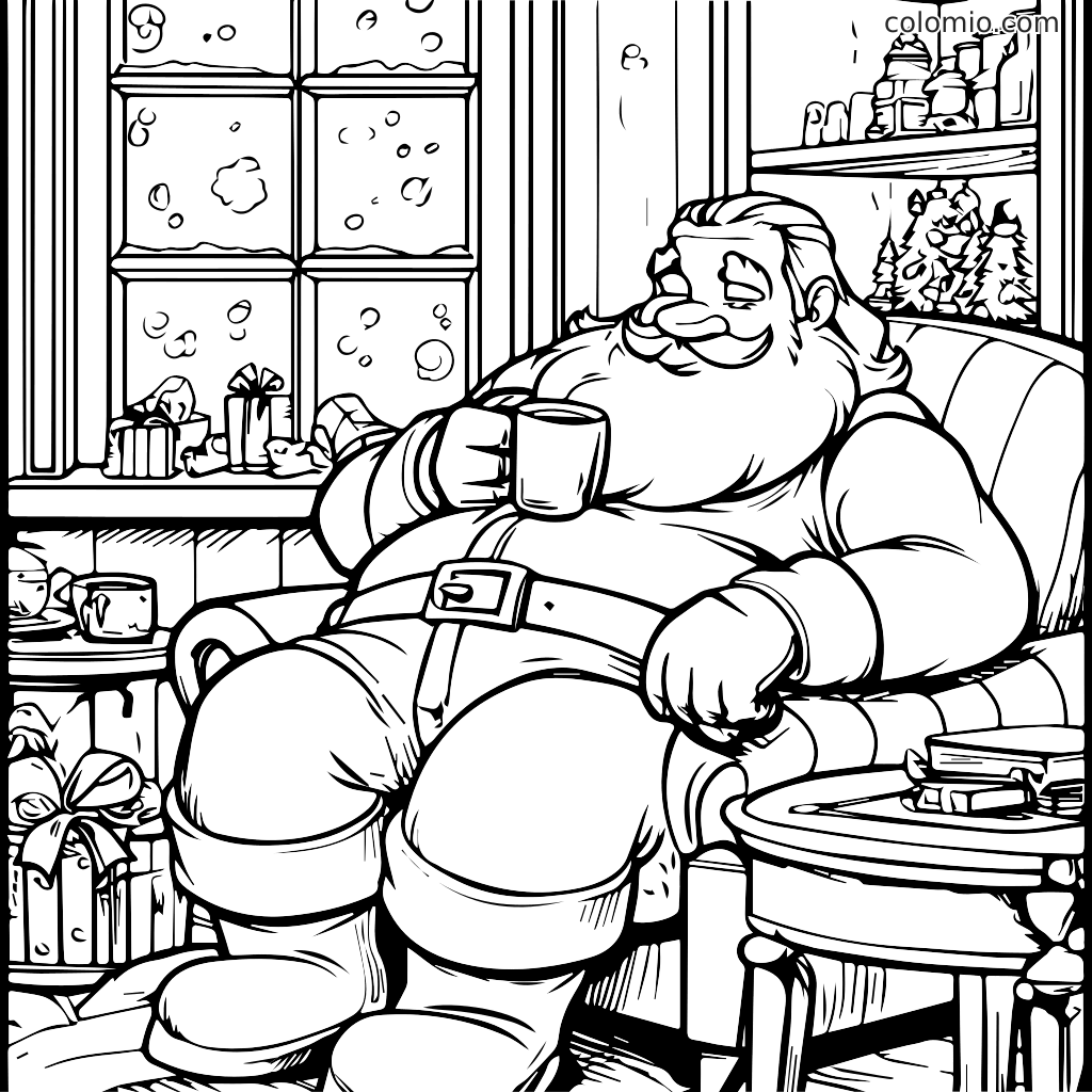 Eine Malvorlage mit dem Weihnachtsmann, der in einem Stuhl sitzt, eine Tasse hält, umgeben von Geschenken und einem verschneiten Fenster.
