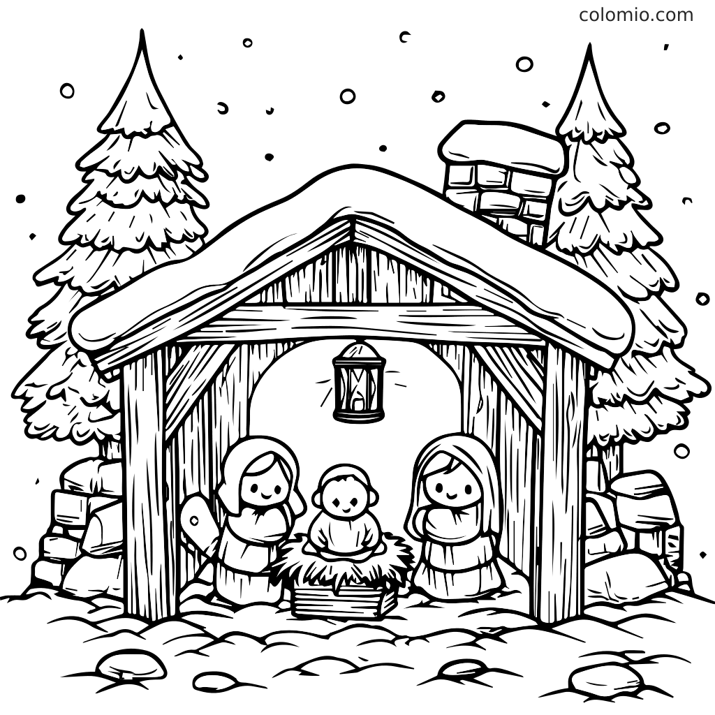 Eine Winterkrippenszene mit einem Stall, dem Baby Jesus in der Krippe und zwei Figuren, umgeben von schneebedeckten Bäumen.