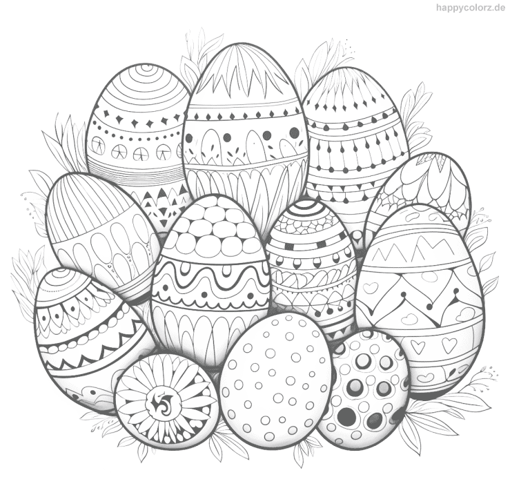 Ausmalbild Ostereier mit vielen Mustern