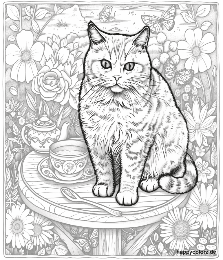 Katze im Garten mit Blumenwiese Ausmalbild