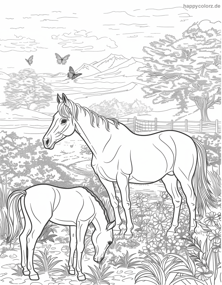 Ausmalbild Fohlen mit Pferd auf Frühlingswiese mit Bergen