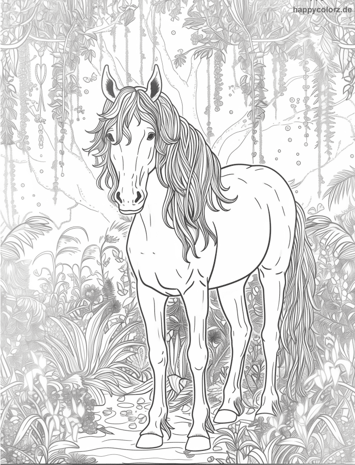 Ausmalbild Junges Pferd im magischen Zauberwald