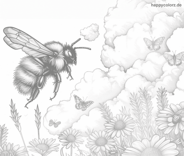 Biene im Anflug auf eine Blumenwiese Malvorlage