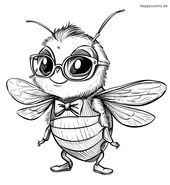 Ausmalbild Cartoon-Biene mit Brille und Fliege