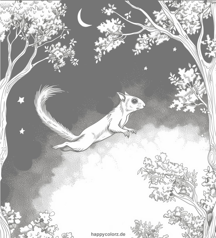 Eichhörnchen springt vom Baum Ausmalbild