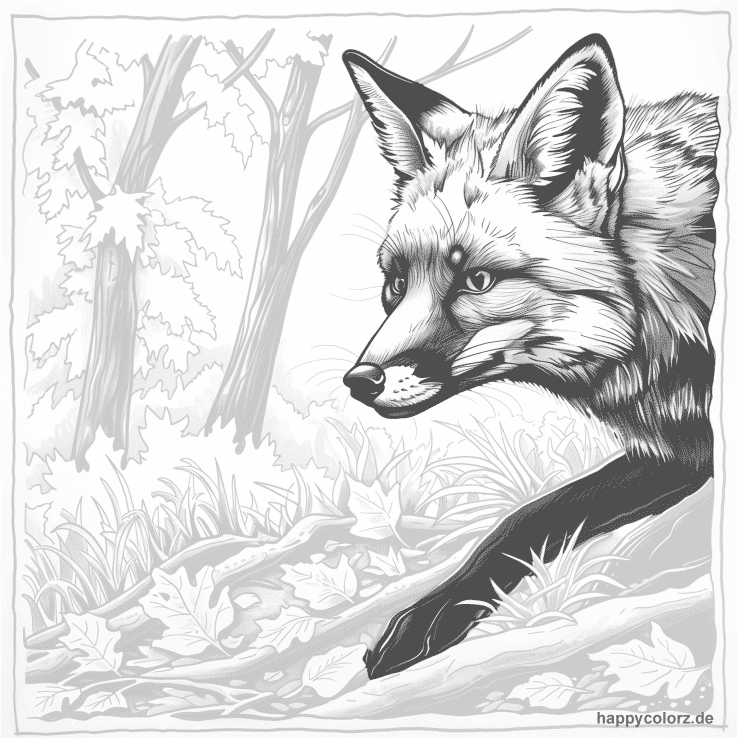 Realistischer Fuchs auf der Pirsch im Wald Ausmalbild