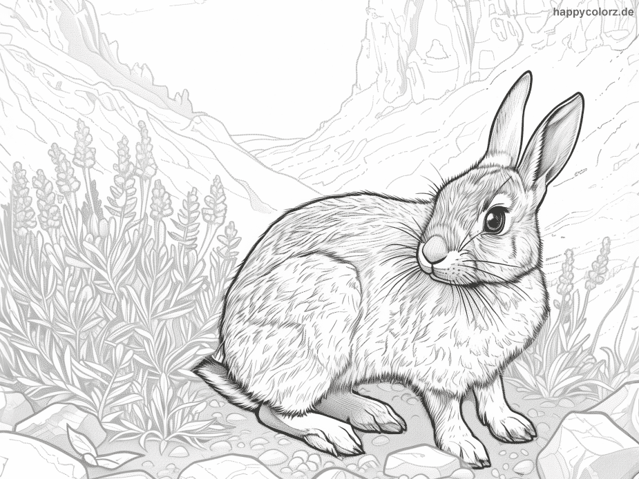 Baumwollschwanz-Kaninchen in felsiger Landschaft Ausmalbild