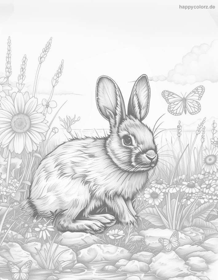 Ausmalbild Kaninchen auf einer Blumenwiese mit Schmetterlingen