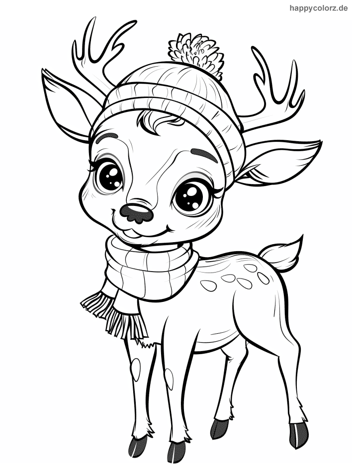 Cartoon junger Hirsch mit Schal und Mütze Ausmalbild