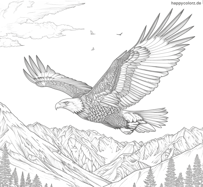 Ausmalbild Adler schwebt über den Bergen