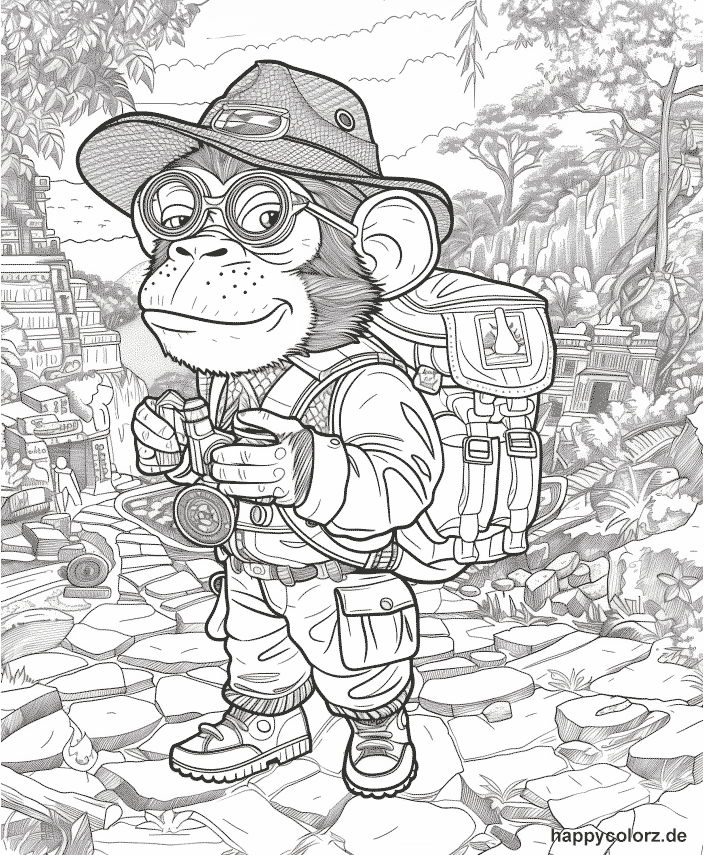 Affe mit Hut und Rucksack auf Entdeckungstour im Dschungel Ausmalbild