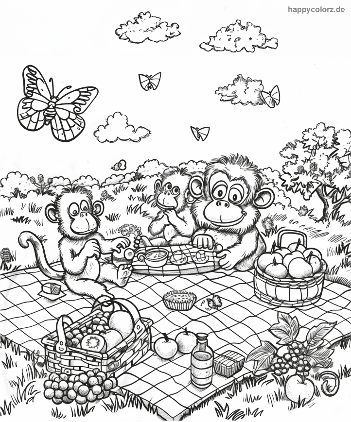 Affenfamilie beim Picknick Malvorlage