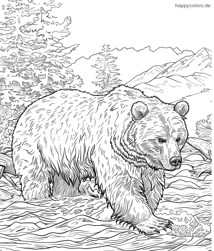 Ausmalbild Grizzlybär im Fluss