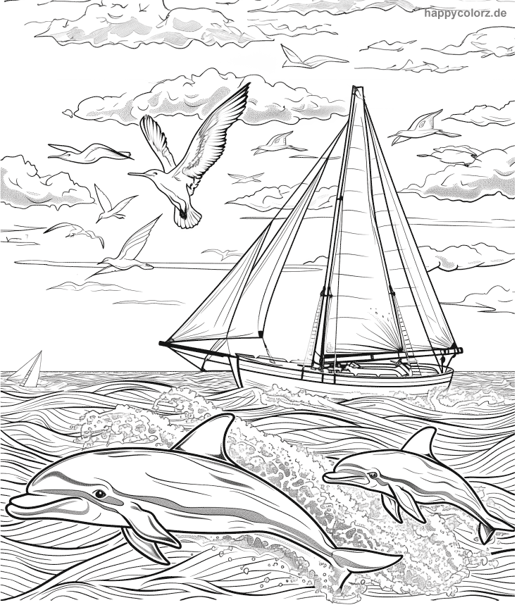 Delfin-Paar mit Möwen und Segelboot Malvorlage zum ausdrucken