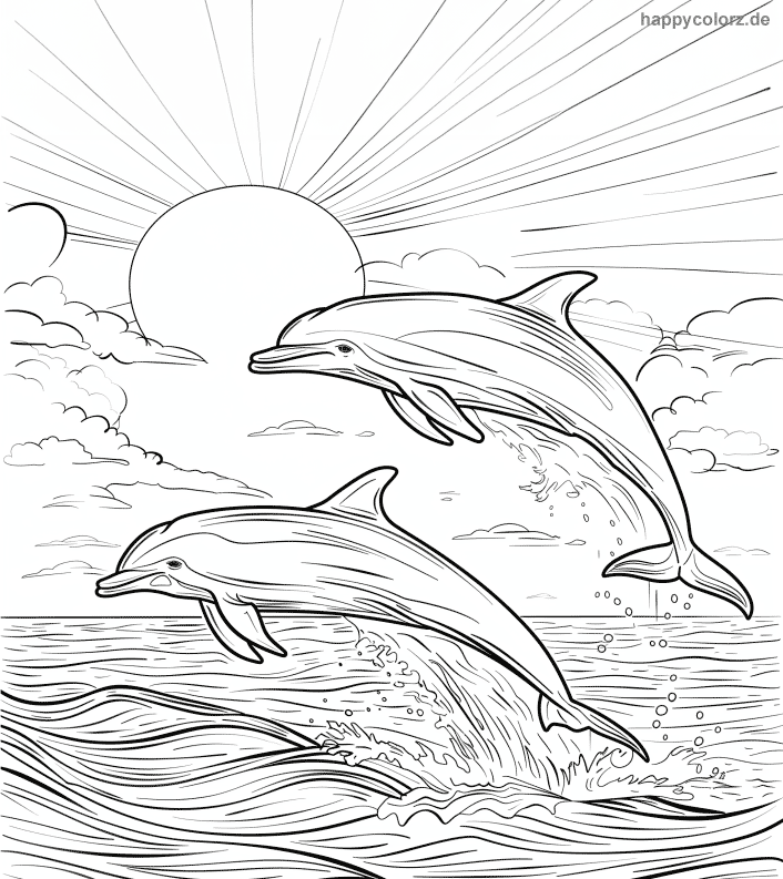 Ausmalbild Delfine springen im Sonnenuntergang aus dem Meer