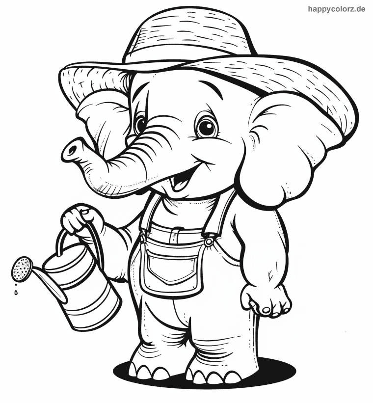 Ausmalbild Cartoon Elefant mit Gießkanne und Hut