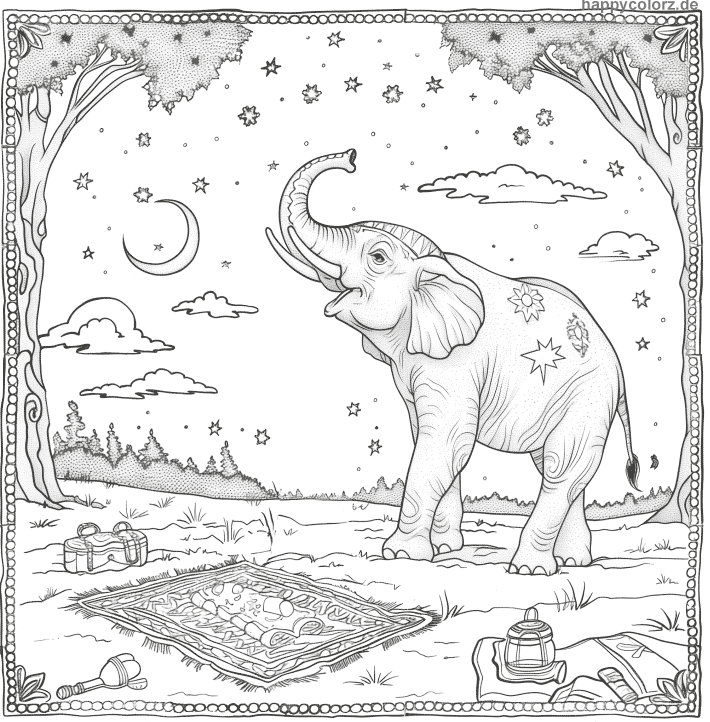 Elefant mit Mond und Sternen Malvorlage zum ausdrucken