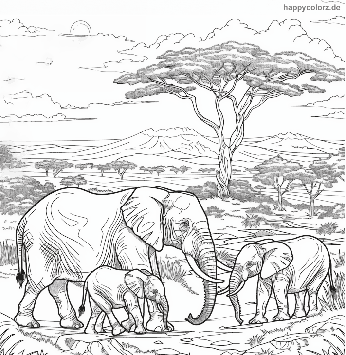 Ausmalbild Elefantenfamilie in der Steppe