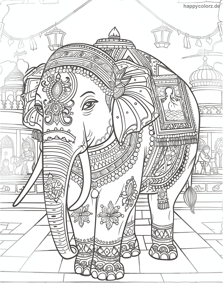 Geschmückter Elefant im Tempel Ausmalbild
